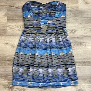BCBGeneration Blue, Black, Tan Abstract Print Ruched Strapless Mini Dress XS